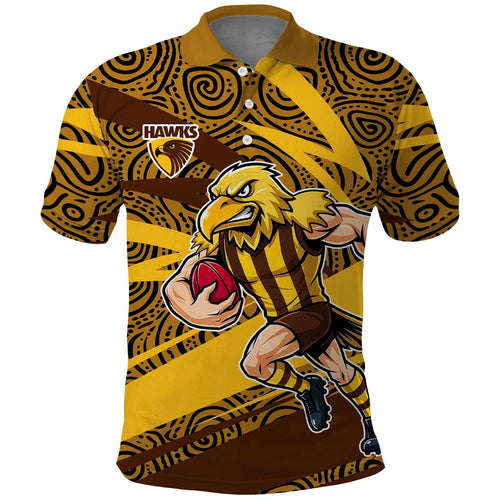 Hawthorn Hawks Australian Football Polo Shirt Fierce Bird Mascot With Indigenous Pattern Art