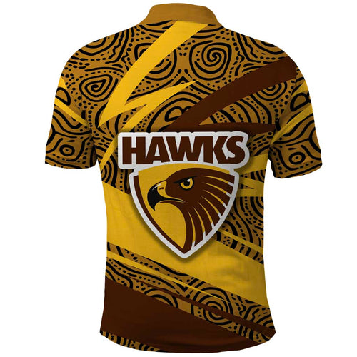 Hawthorn Hawks Australian Football Polo Shirt Fierce Bird Mascot With Indigenous Pattern Art
