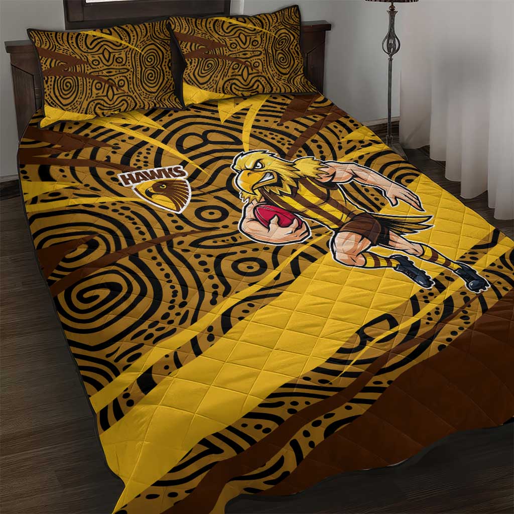 Hawthorn Hawks Australian Football Quilt Bed Set Fierce Bird Mascot With Indigenous Pattern Art