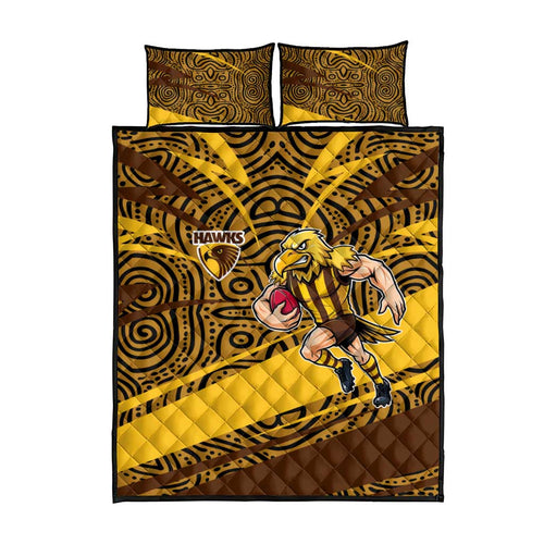 Hawthorn Hawks Australian Football Quilt Bed Set Fierce Bird Mascot With Indigenous Pattern Art