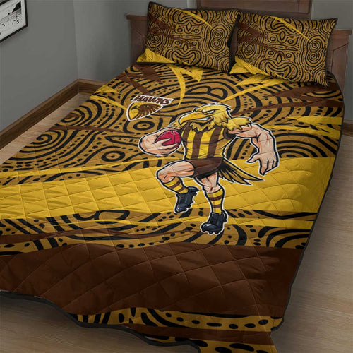 Hawthorn Hawks Australian Football Quilt Bed Set Fierce Bird Mascot With Indigenous Pattern Art