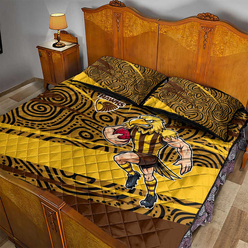 Hawthorn Hawks Australian Football Quilt Bed Set Fierce Bird Mascot With Indigenous Pattern Art