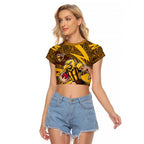 Hawthorn Hawks Australian Football Raglan Cropped T Shirt Fierce Bird Mascot With Indigenous Pattern Art