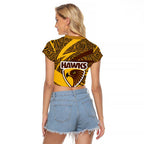 Hawthorn Hawks Australian Football Raglan Cropped T Shirt Fierce Bird Mascot With Indigenous Pattern Art