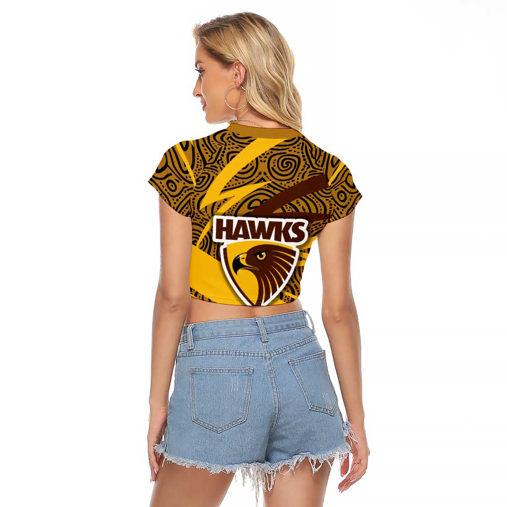 Hawthorn Hawks Australian Football Raglan Cropped T Shirt Fierce Bird Mascot With Indigenous Pattern Art