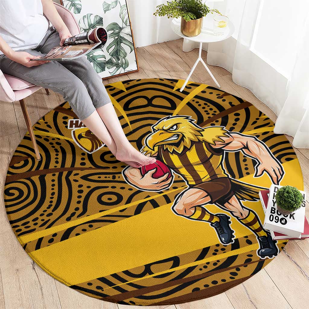 Hawthorn Hawks Australian Football Round Carpet Fierce Bird Mascot With Indigenous Pattern Art
