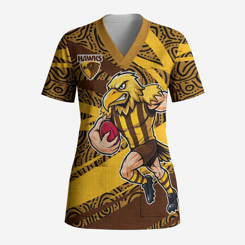 Hawthorn Hawks Australian Football Scrub Top Fierce Bird Mascot With Indigenous Pattern Art
