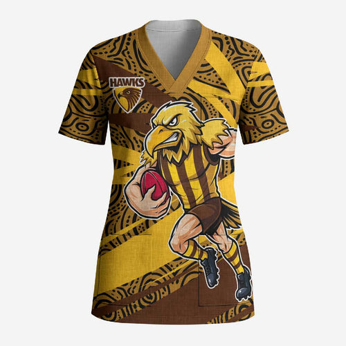 Hawthorn Hawks Australian Football Scrub Top Fierce Bird Mascot With Indigenous Pattern Art