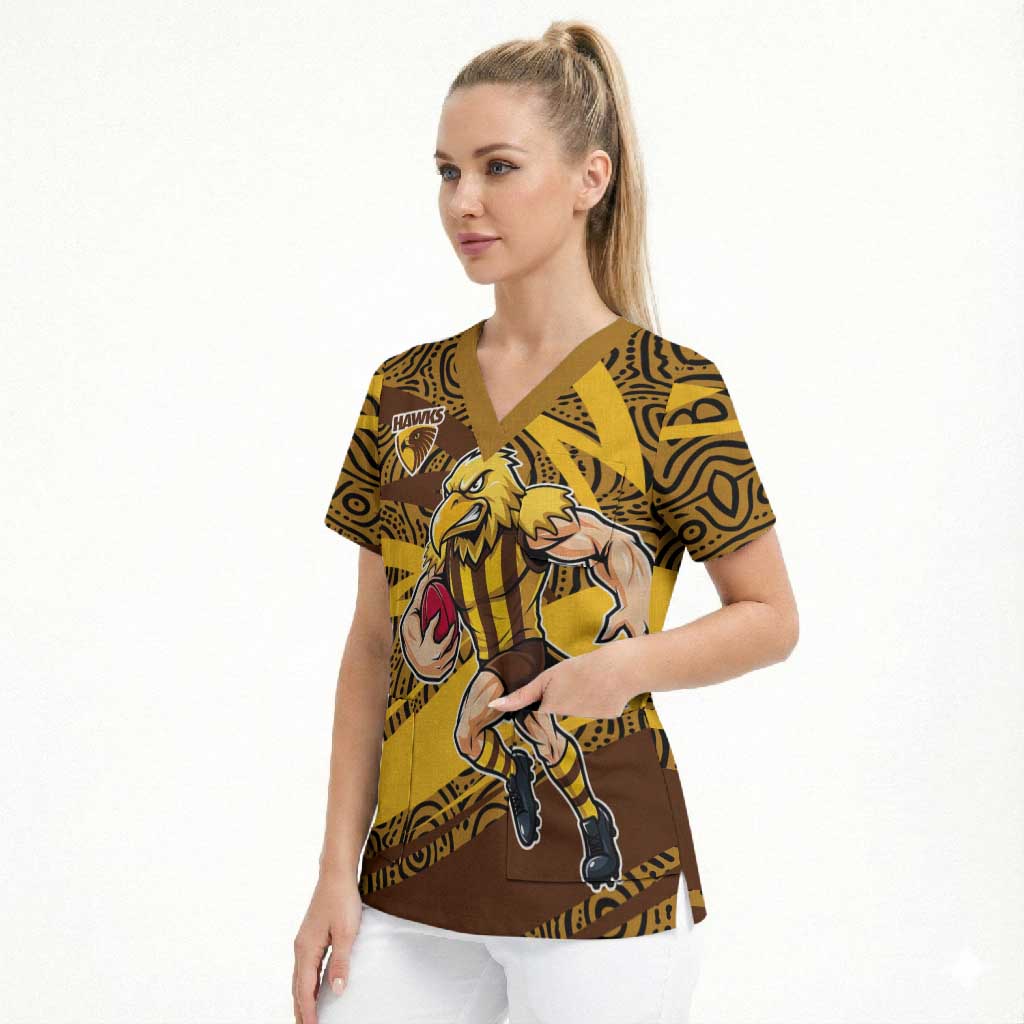 Hawthorn Hawks Australian Football Scrub Top Fierce Bird Mascot With Indigenous Pattern Art