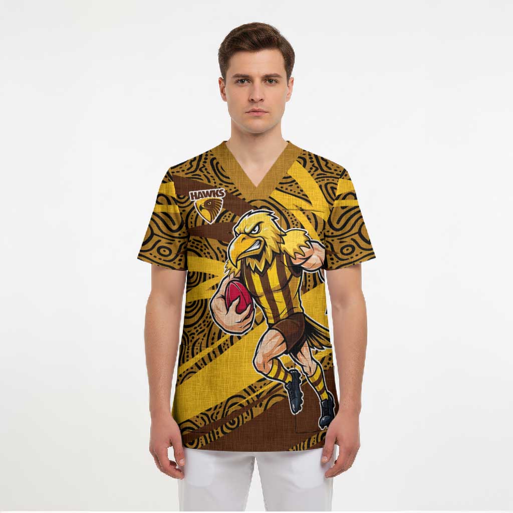 Hawthorn Hawks Australian Football Scrub Top Fierce Bird Mascot With Indigenous Pattern Art