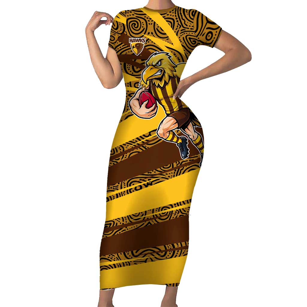 Hawthorn Hawks Australian Football Short Sleeve Bodycon Dress Fierce Bird Mascot With Indigenous Pattern Art