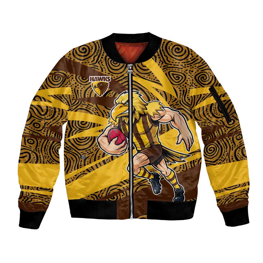 Hawthorn Hawks Australian Football Sleeve Zip Bomber Jacket Fierce Bird Mascot With Indigenous Pattern Art