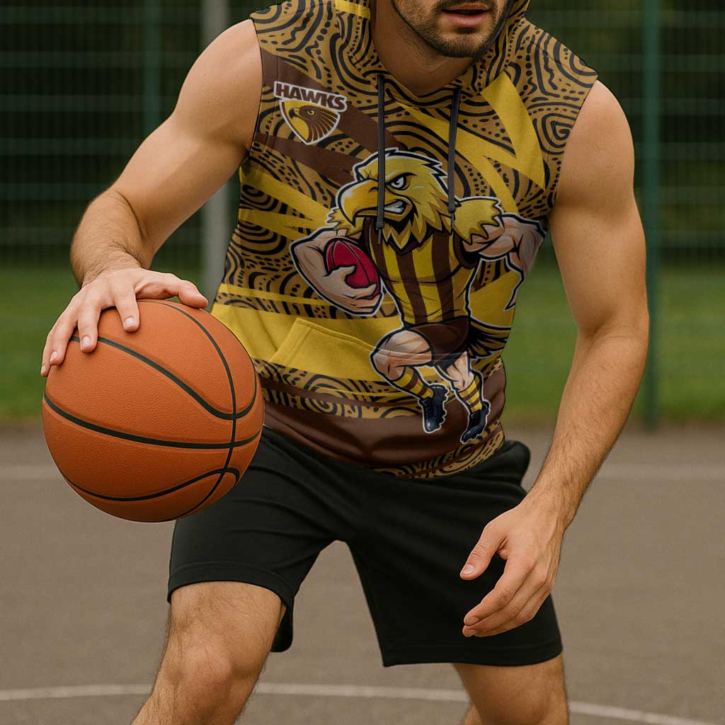 Hawthorn Hawks Australian Football Sleeveless Hoodie Fierce Bird Mascot With Indigenous Pattern Art