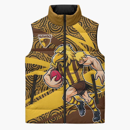 Hawthorn Hawks Australian Football Sleeveless Puffer Jacket Fierce Bird Mascot With Indigenous Pattern Art