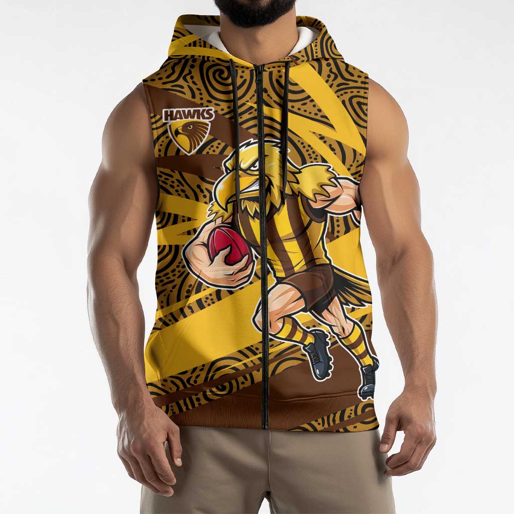 Hawthorn Hawks Australian Football Sleeveless Zip Hoodie Fierce Bird Mascot With Indigenous Pattern Art
