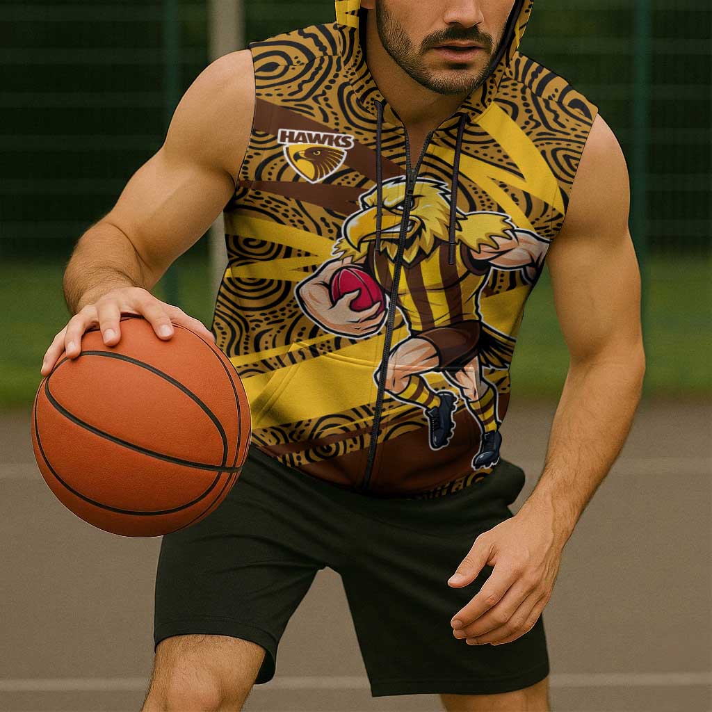 Hawthorn Hawks Australian Football Sleeveless Zip Hoodie Fierce Bird Mascot With Indigenous Pattern Art