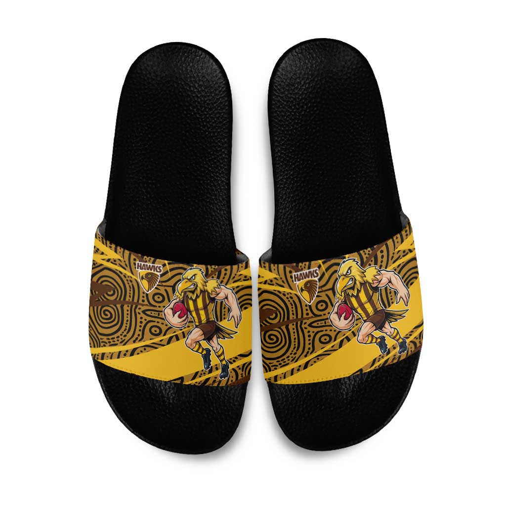 Hawthorn Hawks Australian Football Slide Sandals Fierce Bird Mascot With Indigenous Pattern Art
