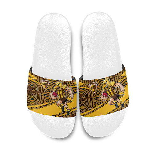 Hawthorn Hawks Australian Football Slide Sandals Fierce Bird Mascot With Indigenous Pattern Art