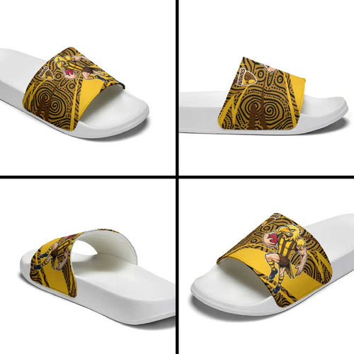 Hawthorn Hawks Australian Football Slide Sandals Fierce Bird Mascot With Indigenous Pattern Art