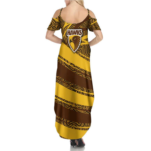 Hawthorn Hawks Australian Football Summer Maxi Dress Fierce Bird Mascot With Indigenous Pattern Art