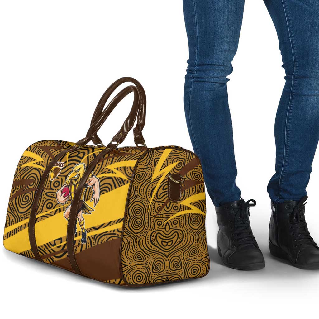 Hawthorn Hawks Australian Football Travel Bag Fierce Bird Mascot With Indigenous Pattern Art
