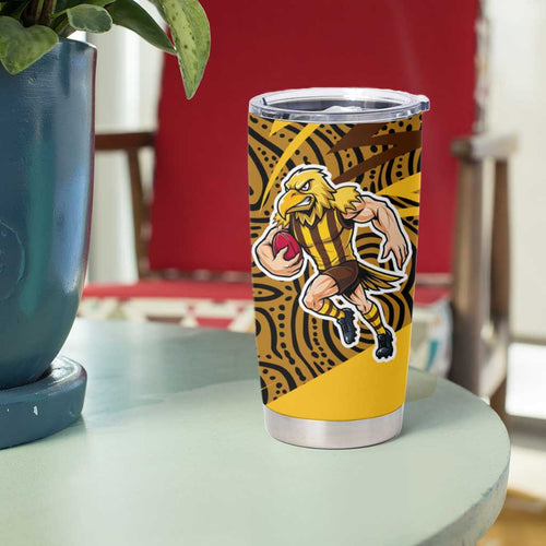 Hawthorn Hawks Australian Football Tumbler Cup Fierce Bird Mascot With Indigenous Pattern Art