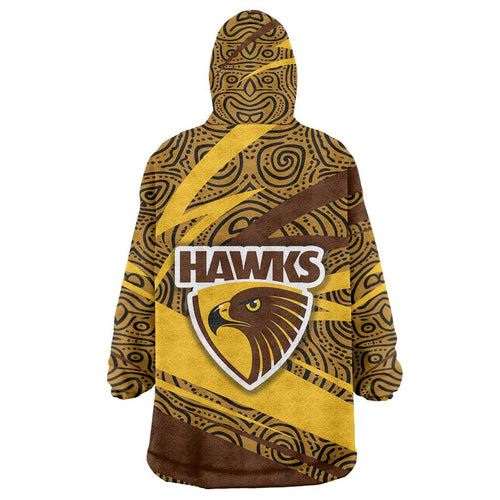 Hawthorn Hawks Australian Football Wearable Blanket Hoodie Fierce Bird Mascot With Indigenous Pattern Art