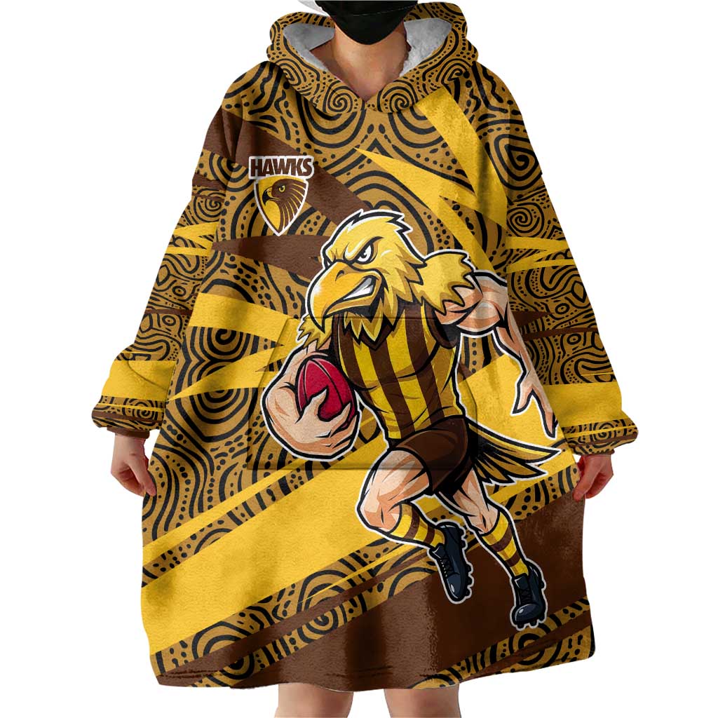 Hawthorn Hawks Australian Football Wearable Blanket Hoodie Fierce Bird Mascot With Indigenous Pattern Art