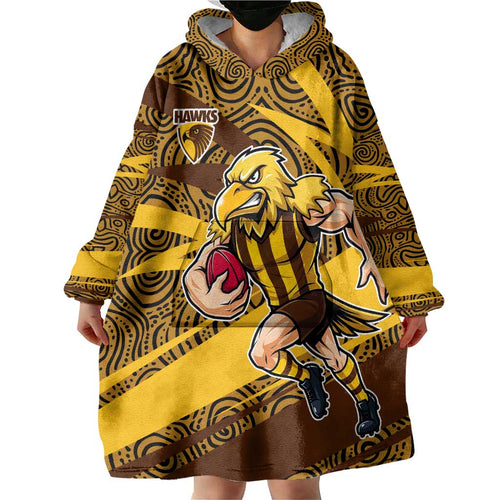 Hawthorn Hawks Australian Football Wearable Blanket Hoodie Fierce Bird Mascot With Indigenous Pattern Art