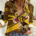 Hawthorn Hawks Australian Football Women Casual Shirt Fierce Bird Mascot With Indigenous Pattern Art
