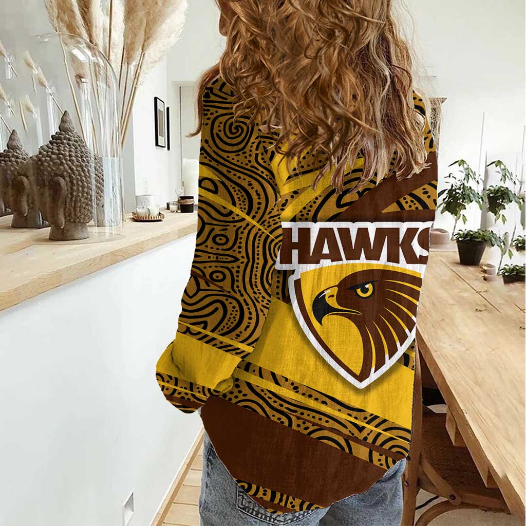 Hawthorn Hawks Australian Football Women Casual Shirt Fierce Bird Mascot With Indigenous Pattern Art