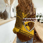 Hawthorn Hawks Australian Football Women Casual Shirt Fierce Bird Mascot With Indigenous Pattern Art