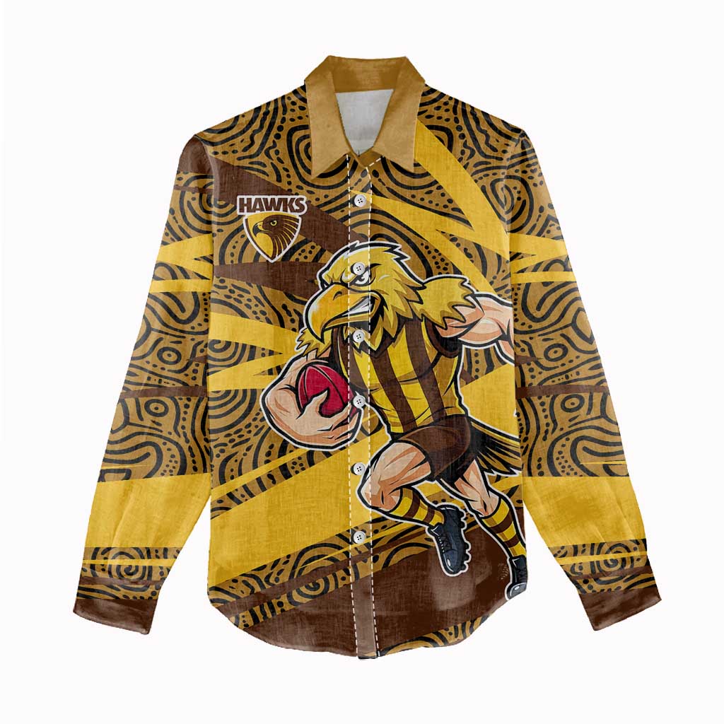 Hawthorn Hawks Australian Football Women Casual Shirt Fierce Bird Mascot With Indigenous Pattern Art