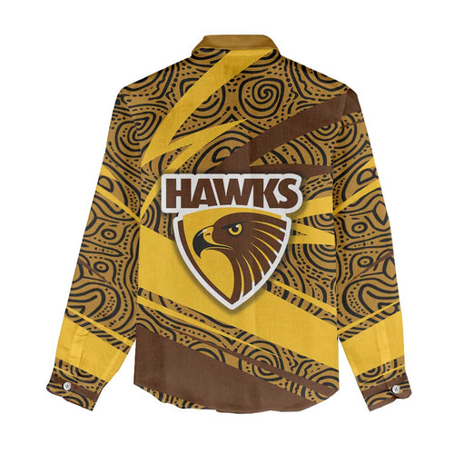 Hawthorn Hawks Australian Football Women Casual Shirt Fierce Bird Mascot With Indigenous Pattern Art