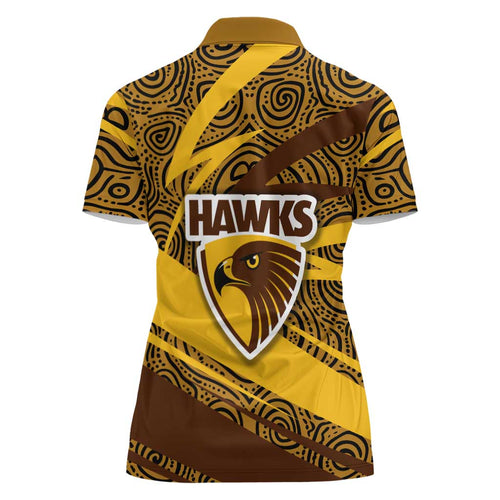 Hawthorn Hawks Australian Football Women Polo Shirt Fierce Bird Mascot With Indigenous Pattern Art