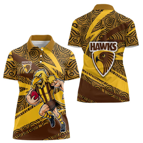 Hawthorn Hawks Australian Football Women Polo Shirt Fierce Bird Mascot With Indigenous Pattern Art