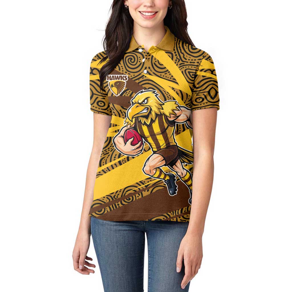 Hawthorn Hawks Australian Football Women Polo Shirt Fierce Bird Mascot With Indigenous Pattern Art