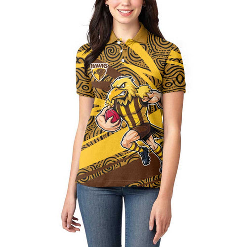 Hawthorn Hawks Australian Football Women Polo Shirt Fierce Bird Mascot With Indigenous Pattern Art