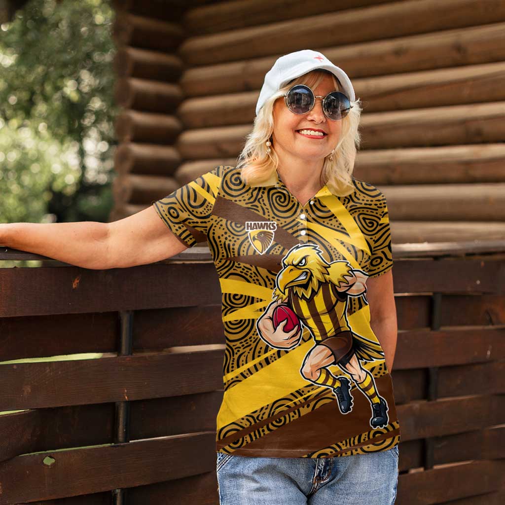 Hawthorn Hawks Australian Football Women Polo Shirt Fierce Bird Mascot With Indigenous Pattern Art