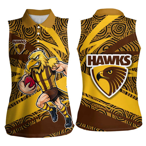 Hawthorn Hawks Australian Football Women Sleeveless Polo Shirt Fierce Bird Mascot With Indigenous Pattern Art