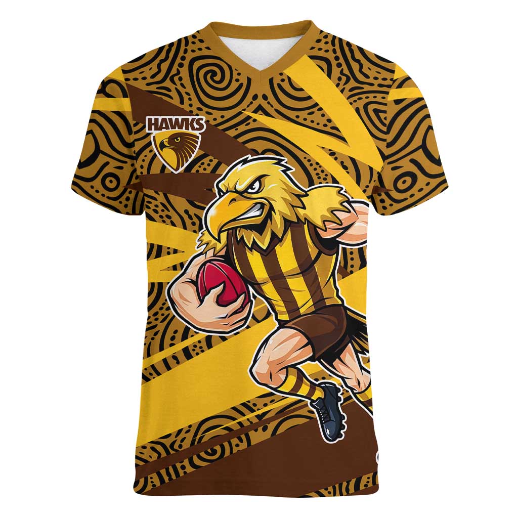 Hawthorn Hawks Australian Football Women V-Neck T-Shirt Fierce Bird Mascot With Indigenous Pattern Art