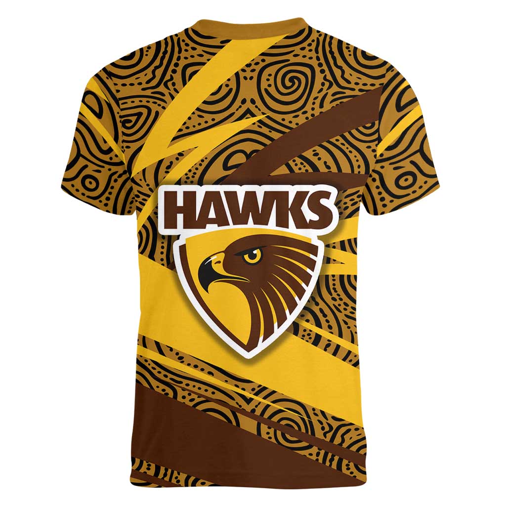 Hawthorn Hawks Australian Football Women V-Neck T-Shirt Fierce Bird Mascot With Indigenous Pattern Art