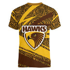 Hawthorn Hawks Australian Football Women V-Neck T-Shirt Fierce Bird Mascot With Indigenous Pattern Art