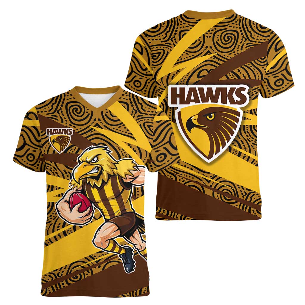 Hawthorn Hawks Australian Football Women V-Neck T-Shirt Fierce Bird Mascot With Indigenous Pattern Art