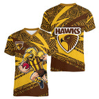 Hawthorn Hawks Australian Football Women V-Neck T-Shirt Fierce Bird Mascot With Indigenous Pattern Art