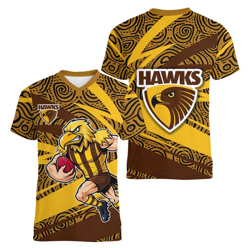 Hawthorn Hawks Australian Football Women V-Neck T-Shirt Fierce Bird Mascot With Indigenous Pattern Art