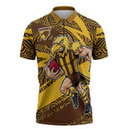 Hawthorn Hawks Australian Football Zipper Polo Shirt Fierce Bird Mascot With Indigenous Pattern Art