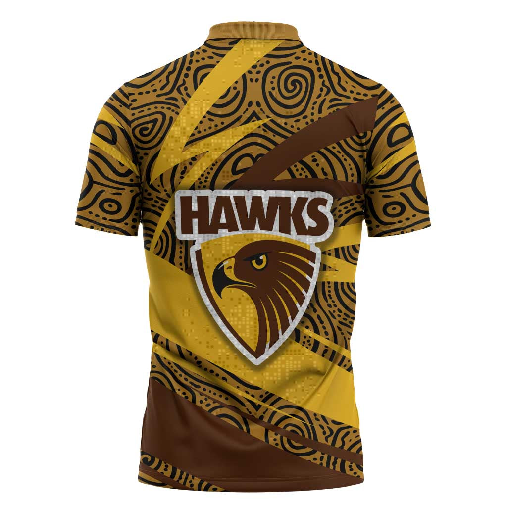 Hawthorn Hawks Australian Football Zipper Polo Shirt Fierce Bird Mascot With Indigenous Pattern Art