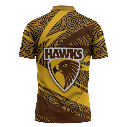 Hawthorn Hawks Australian Football Zipper Polo Shirt Fierce Bird Mascot With Indigenous Pattern Art
