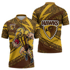 Hawthorn Hawks Australian Football Zipper Polo Shirt Fierce Bird Mascot With Indigenous Pattern Art